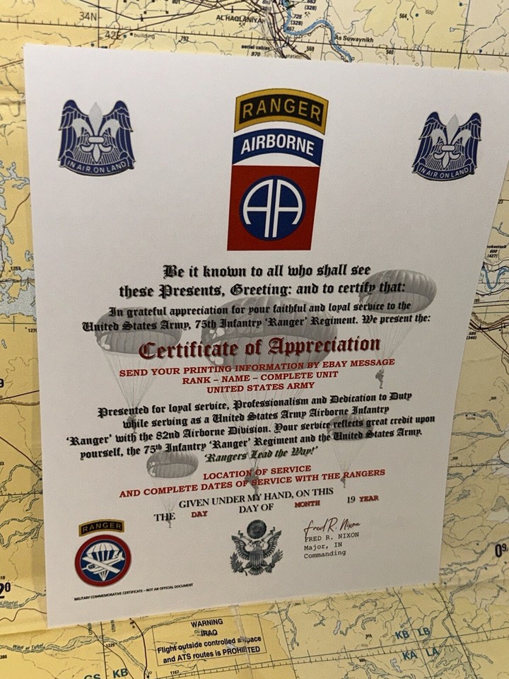 U.S. ARMY RANGER / 82ND AIRBORNE DIVISION - CERTIFICATE OF APPRECIATION ...