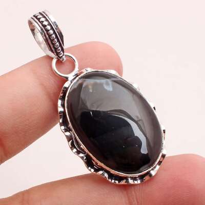 Schwarzer Onyx Edelstein Versilbert Handmade Anhänger Schmuck Gift 3.7cm P-13533