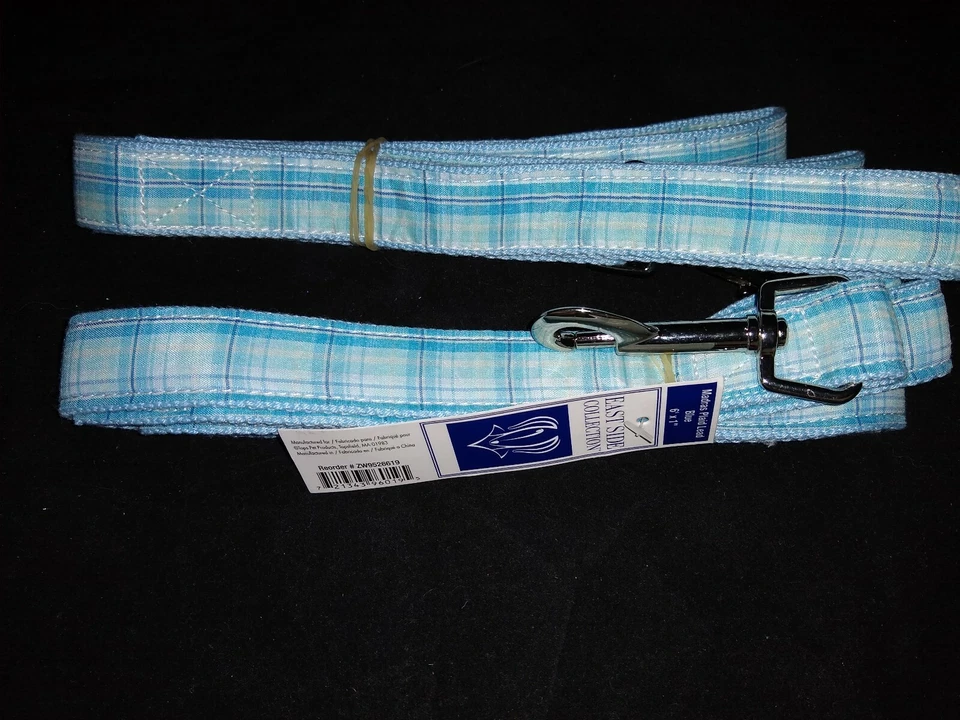 East Side 尼龙狗小狗皮带铅马德拉斯格子蓝色 6 英尺 - 2 件套 — 第 2/3 张图片