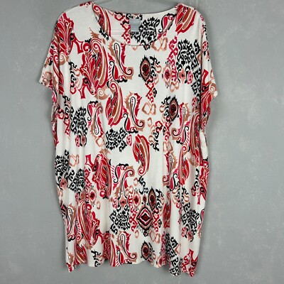 Chicos size 4 XXL tunic top touch of cool paisley ikat white red cap sleeve