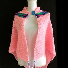 Vintage Knit Crochet Poncho Shawl Wrap Cape Triangle Boho Pink
