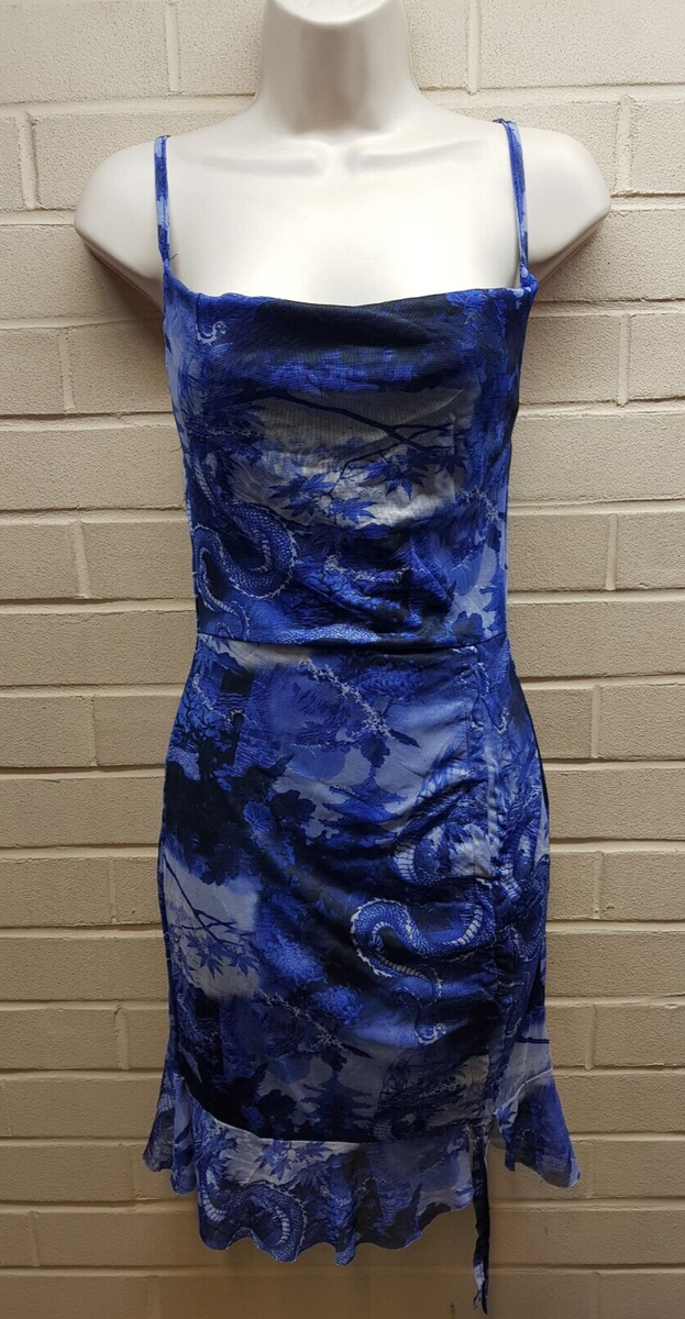 pretty little thing blue ruched dress PrettyLittleThing Women's Plus Abstract Print Chiffon Ruched Drape Midi Dress in Blue