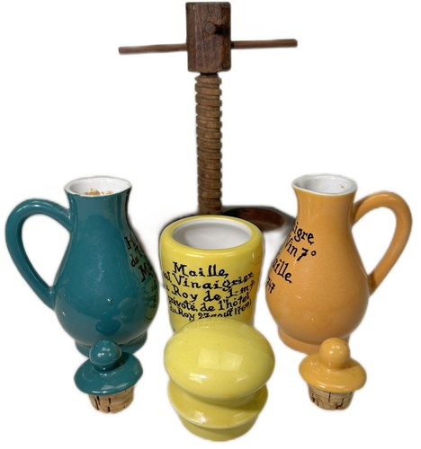 Maille French Wood Stand with 3 Ceramic Jars Vtg Mustard Table Service - Picture 3 of 6