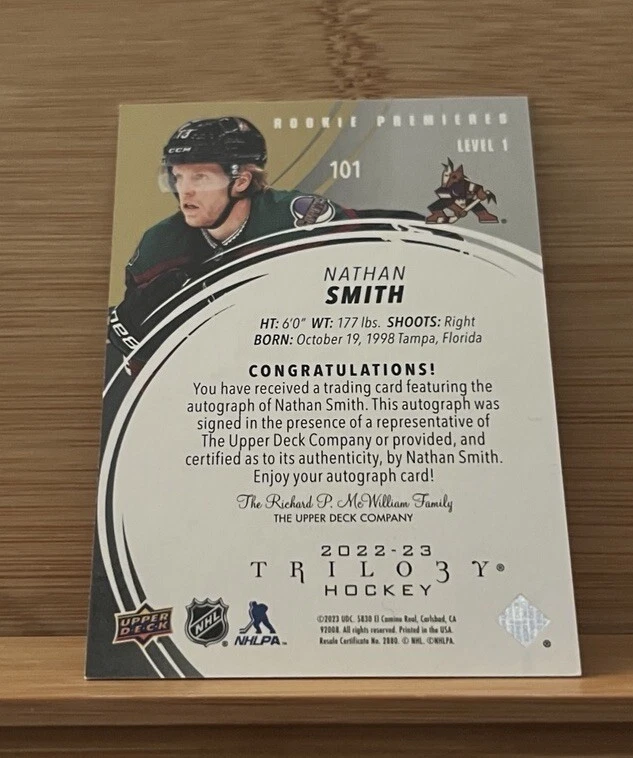 Nathan Smith 2022-23 Upper Deck Trilogy Auto /449 RC Coyotes - Image 2 of 2