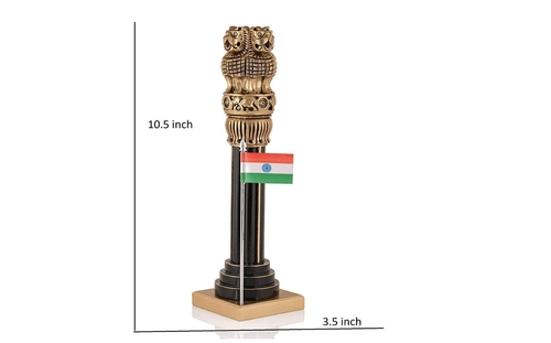 Wooden Carved Ashoka Stambh Pillar with 2 Flags & Analog Clock for Office - Picture 2 of 3