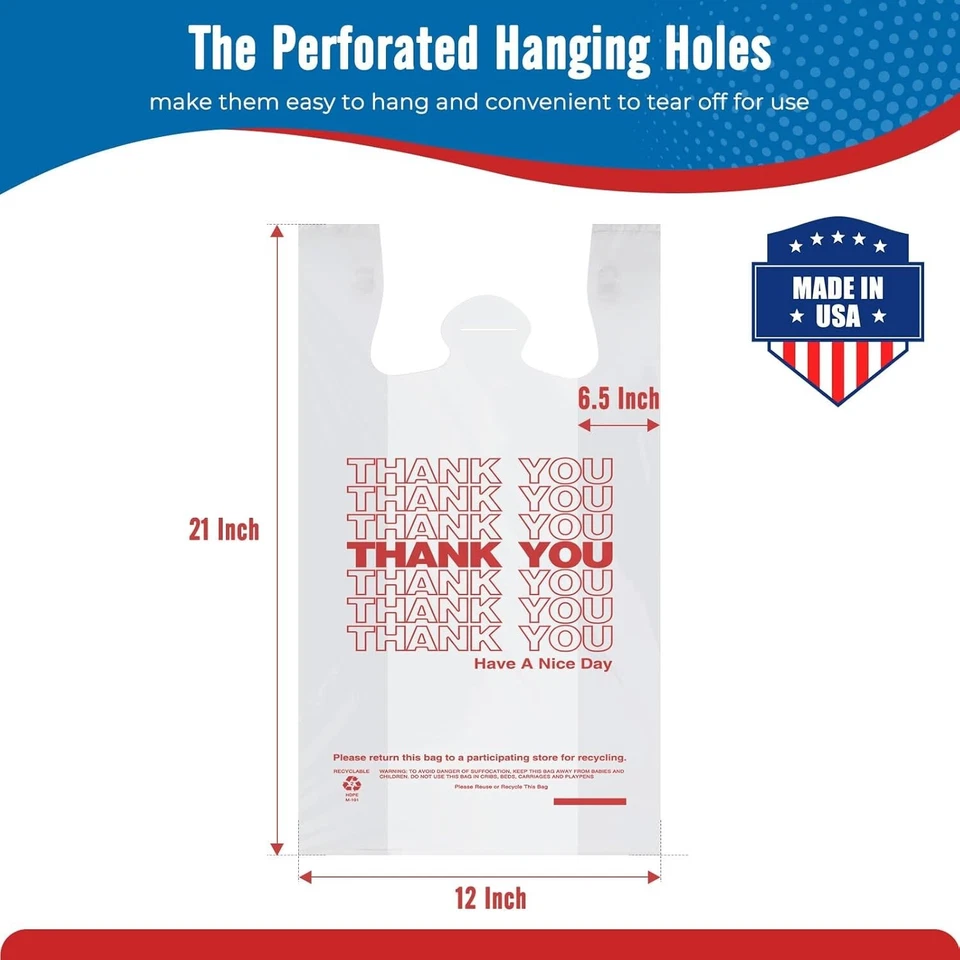 1000 Thank You T-Shirt Bags 12" x 6.5" x 21", Plastic Grocery Shopping Bags - Image 2 of 4