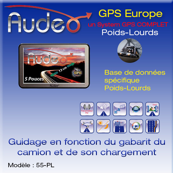 GPS camions Audeo 5 pouces à cartographie Europe et gabarit ajustable