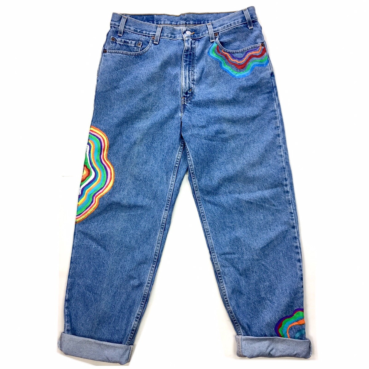 Levi's Relaxed Straight Leg Blue Painted Jeans 36x32 Rainbow High