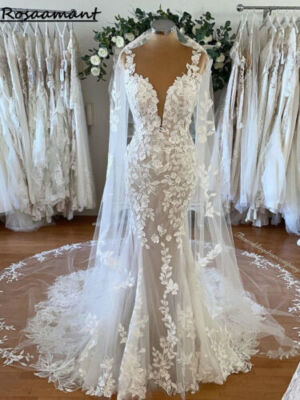 bohemian wedding dress patterns Dresses With Cape Lace Appliques V Neck Mermaid Bridal Gowns Sleeve lace COLOR:As Photo(White) Holographic Rainbow Silver Devil Star Bag Bodycon Maxi Dress Robe neck dress completely bares