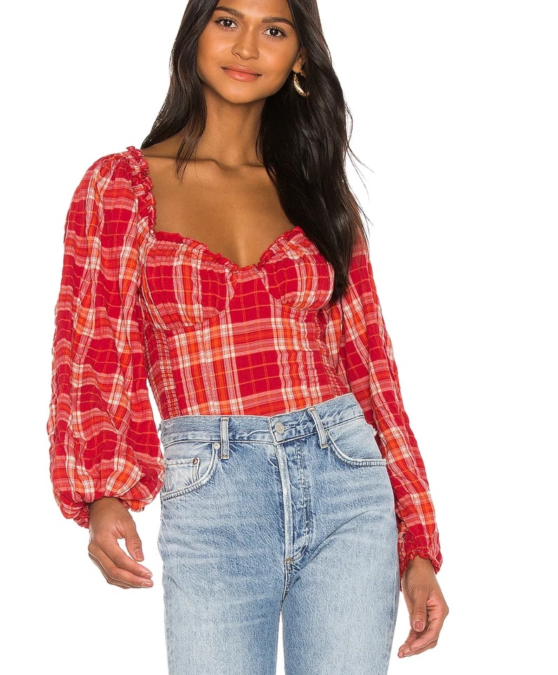 Free People Gauze Top Large Cherry Bomb Smocked Red Plaid Balloon Sleeve Blouse