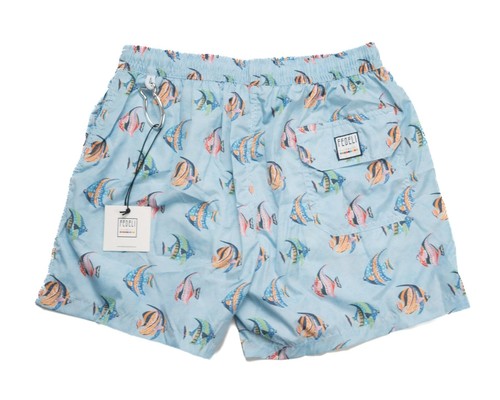 Fedeli $235 NWT Light Blue Fish Print Slim Madeira Sustainable Swim Trunk M - Picture 4 of 5