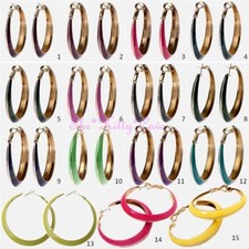 Large Round Gold Hoop Bright Enamel Kitsch Retro Earrings - 15 Popping Colours