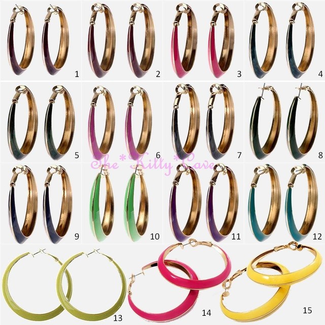 Grande Redondo Oro Aro Brillante Esmalte Kitsch Retro Pendientes - 15 Popping