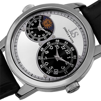 New Men's Joshua & Sons JS87SS Swiss Quartz Dual Time AM/PM Black