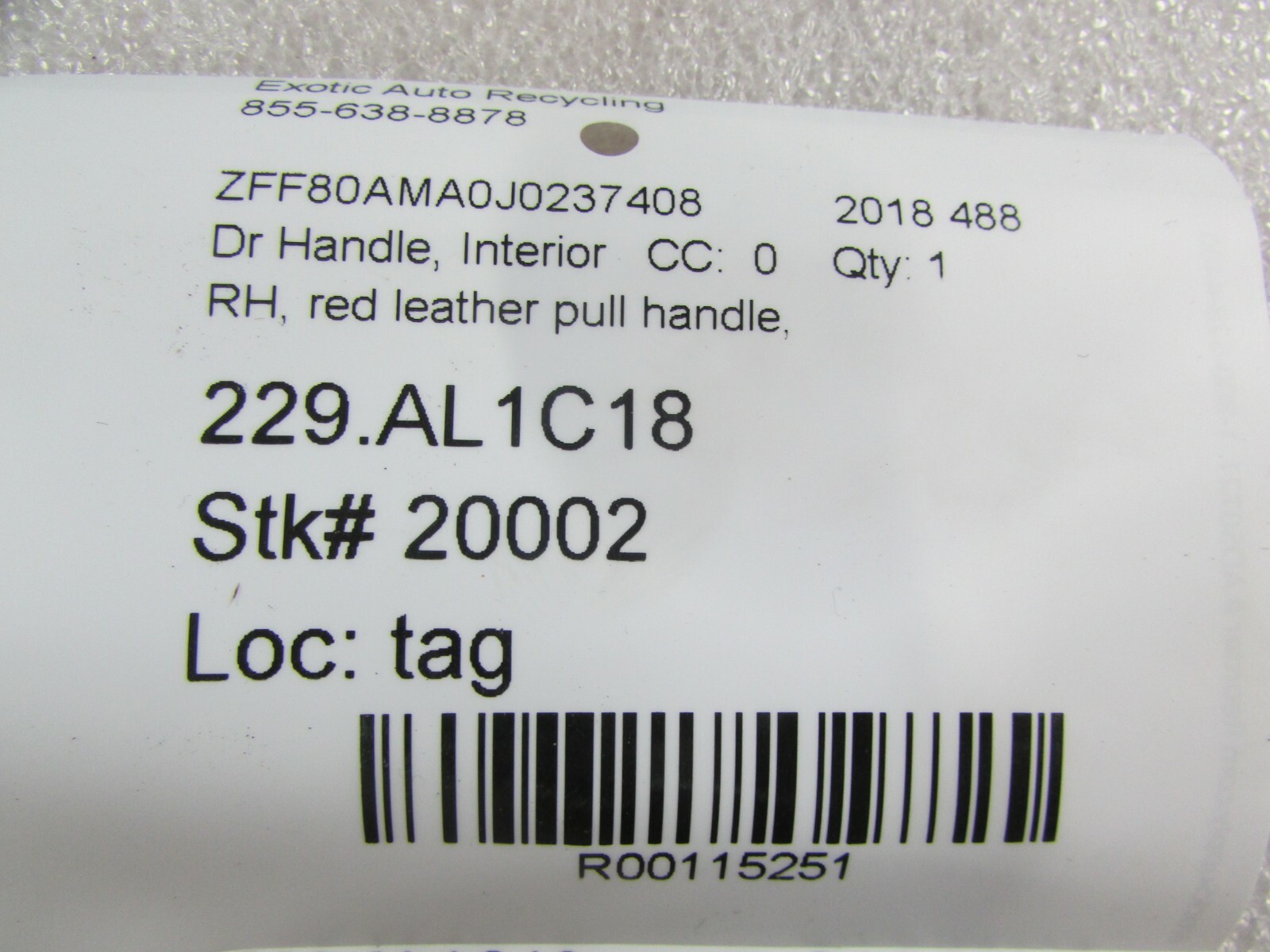 Ferrari 488, RH, Right Door Interior Leather Pull Handle, Used, 