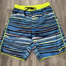 NIKE Board Shorts Mens Sz Medium Blue Striped Mesh-Lined Swim Pockets NESS8438