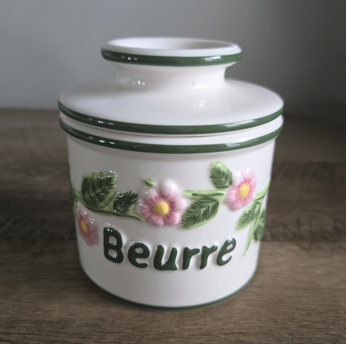 Vintage Original Ceramic Butter/Beurre Bell Crock Pink Embossed Floral - Picture 2 of 6