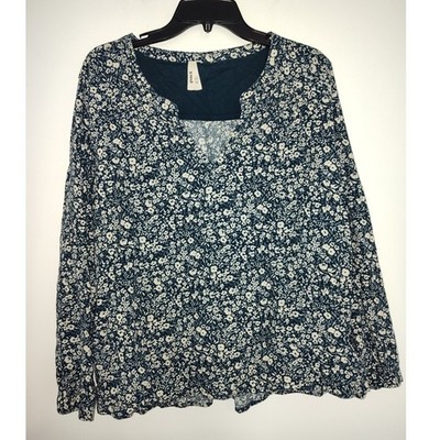 Pact Organic Cotton Floral Ditsy Blouse Navy Blue White Split Neck XXL Womens