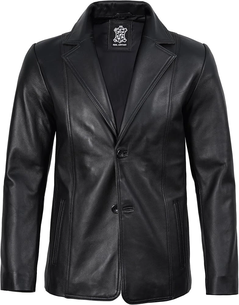 Mens Classic Black Sheepskin Dress Coat Real Leather Blazer Sport Coat Jacket