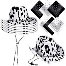 12 Pieces Cow Print Cowboy Hat and Bandana Set Black and White for Western