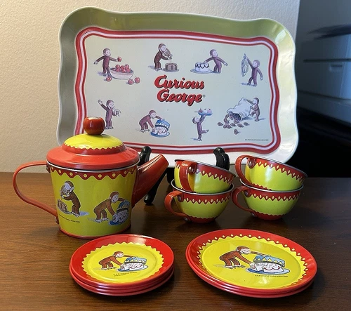 Vintage Schylling Curious George Tin Tea Set - 15 Piece