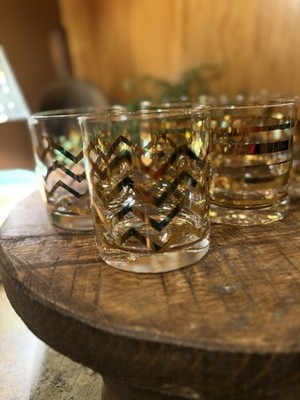 Set of 6 Clear & Gold Decorated Rocks Glasses   Chevron, Stripe, Dot Pattern