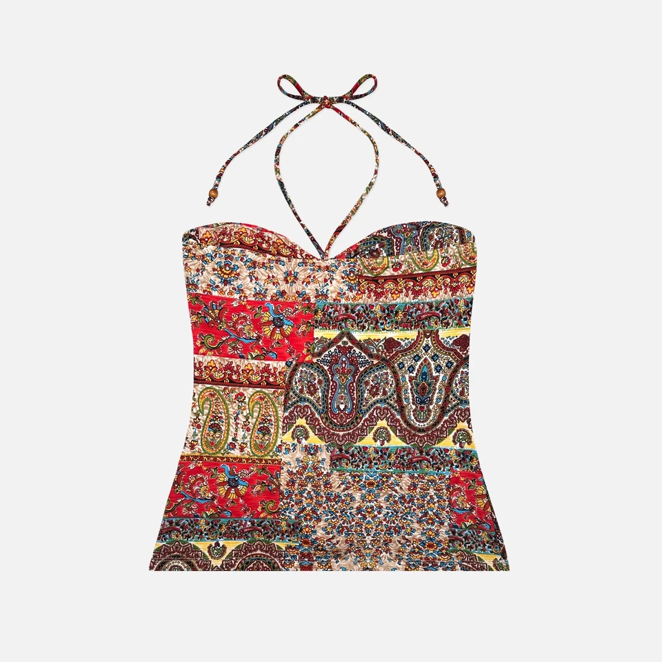 Vintage 90s Boho Lipstick Paisley Patchwork Print Slinky Cami Halter Party Top - Image 3 of 4