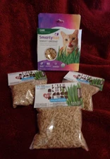 NEW LOT OF 3 PRISCILLA  KITTY GRASS 3oz PACKAGES & 1 SMARTY KAT SWEET GREEN BOWL