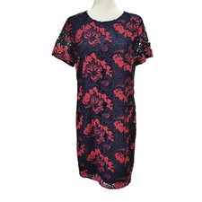 Banana Republic Shift Dress Sz 10 Navy Blue Red Guipure Floral Lace Party Event