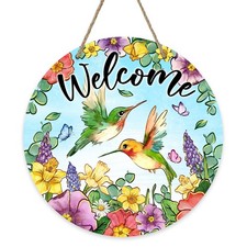 Welcome Spring Summer Hummingbird Front Door Sign, Daffodil Morning Glory Flo...