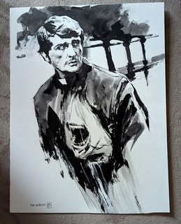 Exorcist Father Damien Original Brushed Ink Wash Sketch Patric Reynolds SIGNED