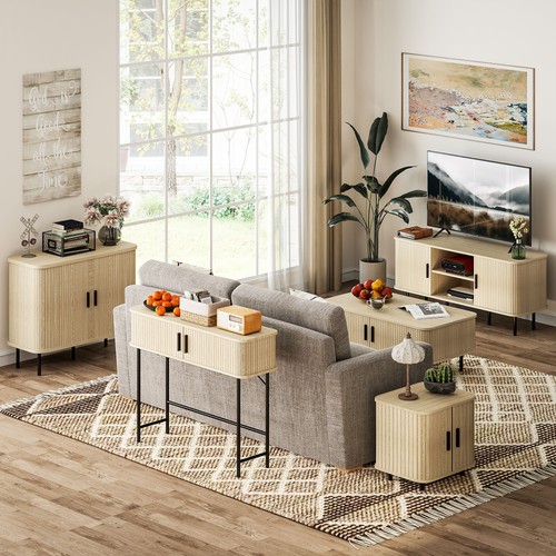 HOMCOM Sideboard Storage Cabinet with Slatted Tambour Sliding Doors Oak Tone - Picture 8 of 11