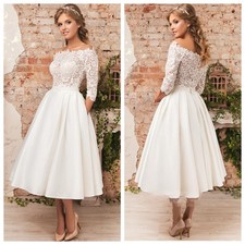 Vintage Lace Satin Short Wedding Dresses 3/4 Sleeves Scoop Neck Bridal Gowns