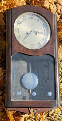 Antique German Kienzle Wall Clock Chime Wood Vintage Chiming RARE Glass 24  READ