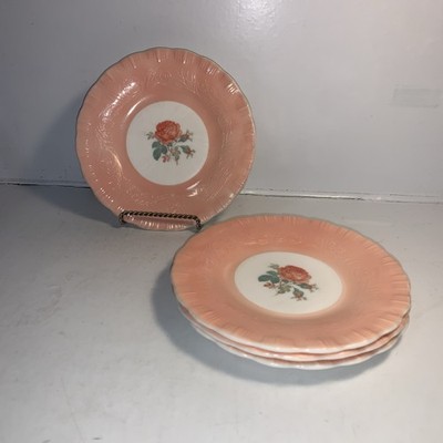 4 Milk Glass Crinoline Pink 6 3/8'' Bread Dessert Snack Plate Pink Border w/ Rose