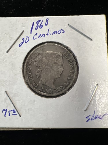 1868 Spanish Philippines 20 Centimos Queen Isabella II Silver Coin