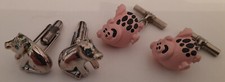 Pig Cufflinks (x2) - Pink Spotted Flying Pigs + Sitting Silver Pigs Crystal Eyes