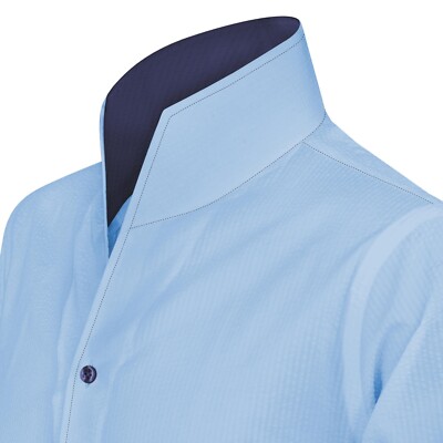 Designer Men's High Open V Collar Contrast Stitching Light Blue Seersucker Shirt