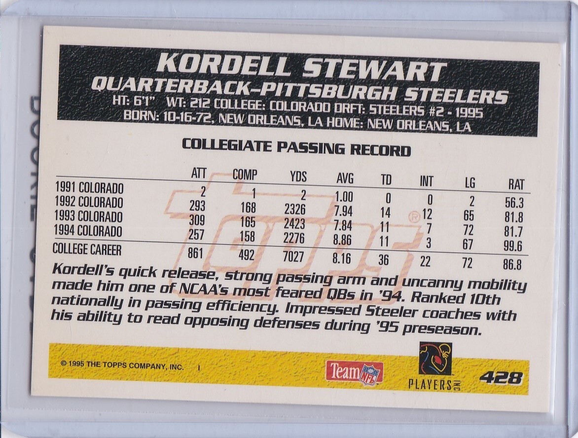 KORDELL STEWART ROOKIE CARD 1995 Topps NFL DRAFT PICK RC Steelers