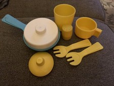 Vintage Fisher Price Fun With Food Play Dishes Lot Pans Cup Salt  Utensils