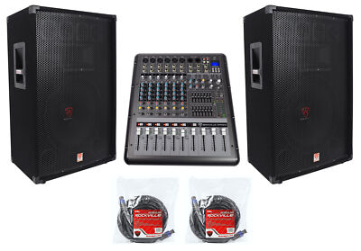 2) Rockville RSG15 15  3-Way 3000w DJ/Pro Audio PA Speakers+Powered Mixer+Cables