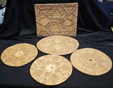 Juego de 5 porta olla/remache de paja de mimbre tejido estilo boho vintage