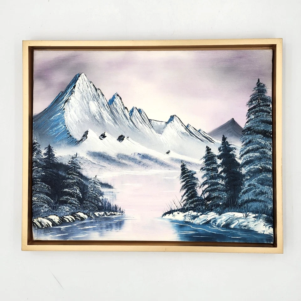 Original Oil Painting Winter Mountain Forest Landscape Bob Ross Style Framed Art - Image 3 of 4