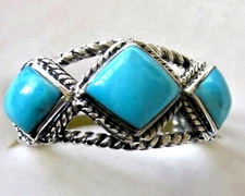 Kingman Turquoise Three-Stone Ring / size 9.75 / 925 Sterling Silver, 4cts 5.1g