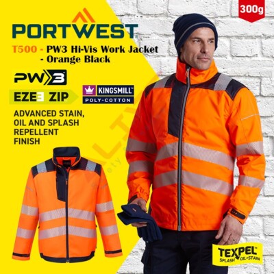 Portwest PW3 Hi-Vis Work Jacket Safety Reflective Workwear T500 Orange  Black UK - Main Image