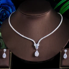 Women Silver Plated Water Drop Earrings Necklace Cubic Zircon Bridal Jewelry Set