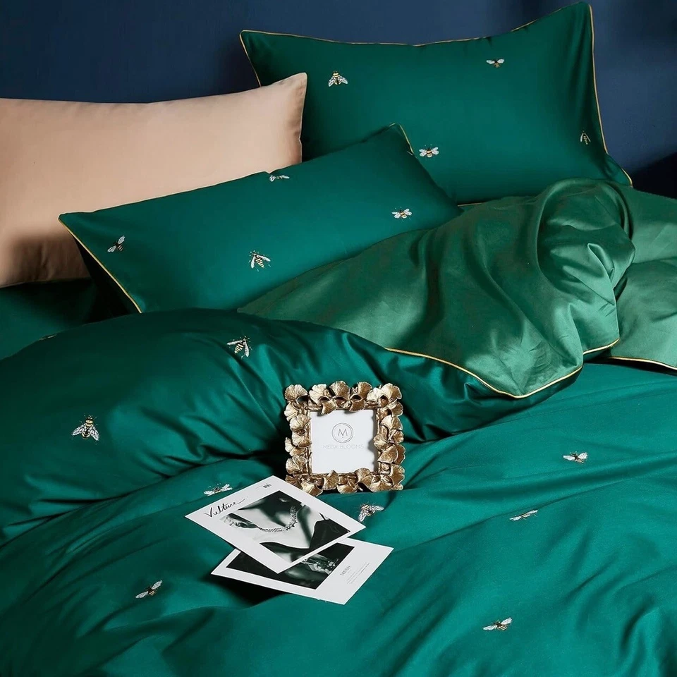 NEW Anthropologie Emerald Green Bee Boho King Size Bedding Duvet Sham Case Set - Image 4 of 4