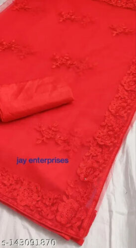 NEW Designer Red Net Bollywood Saree Party Wear Indian Wedding Sari - Picture 3 of 4