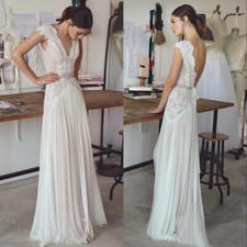 Boho Cap Sleeve Appliqué Lace V Neck Backless A Line Bridal Gown Wedding Dress