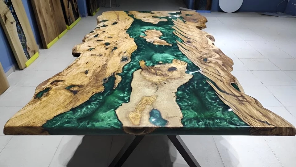 Live Edge Olive Emerald Green Epoxy Resin Dining Table | Handmade Natural Olive - Image 3 of 4